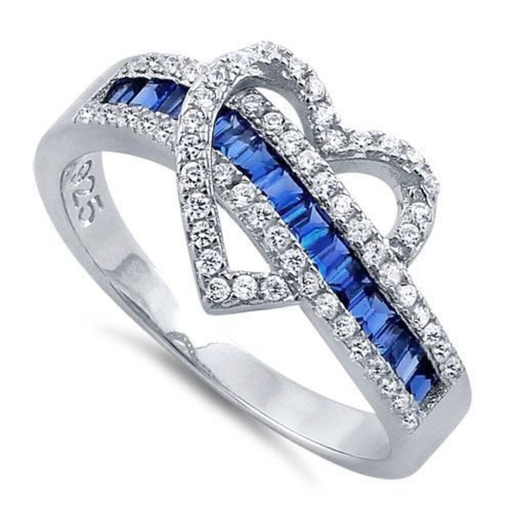 Exotic Heart Blue Sapphire Sterling Silver CZ Ring New *